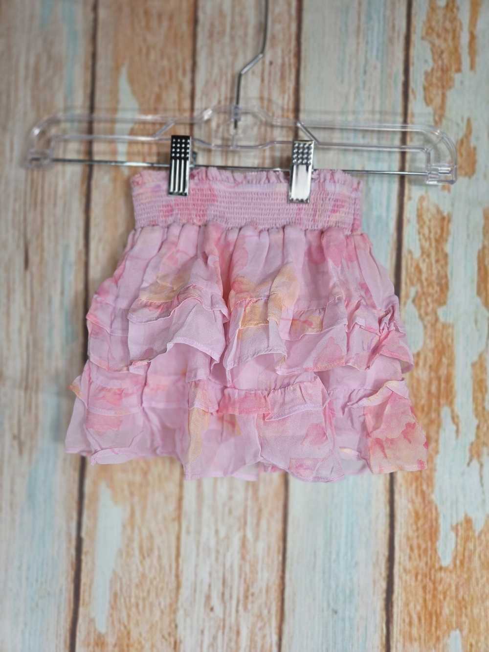 Love Shack Fancy Girls Floral Pink Ruffled Tiered Skirt. Size 2-3y
